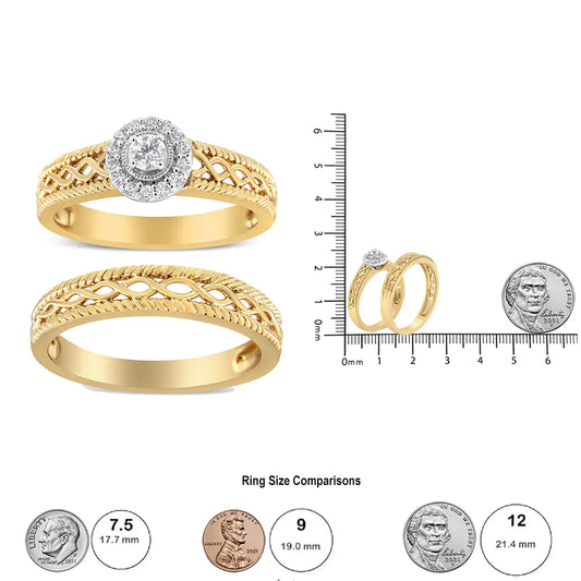 14K Yellow Gold Plated .925 Sterling Silver 1/5 Cttw Diamond Halo Engagement Ring and Wedding Band Set (I-J Color, I3 Clarity)